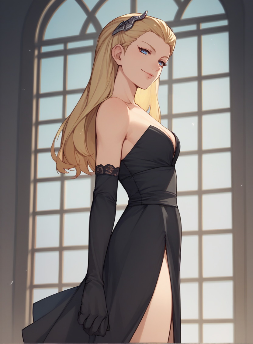 score_9, score_8_up, score_7_up, source_anime, 1girl, <lora:zs_LouisaXL:1> louisasmtj, long hair, blonde hair, blue eyes, hairclip, black dress, cleavage, strapless, side slit, elbow gloves, from side, looking at viewer, slight smile, high heels, indoors