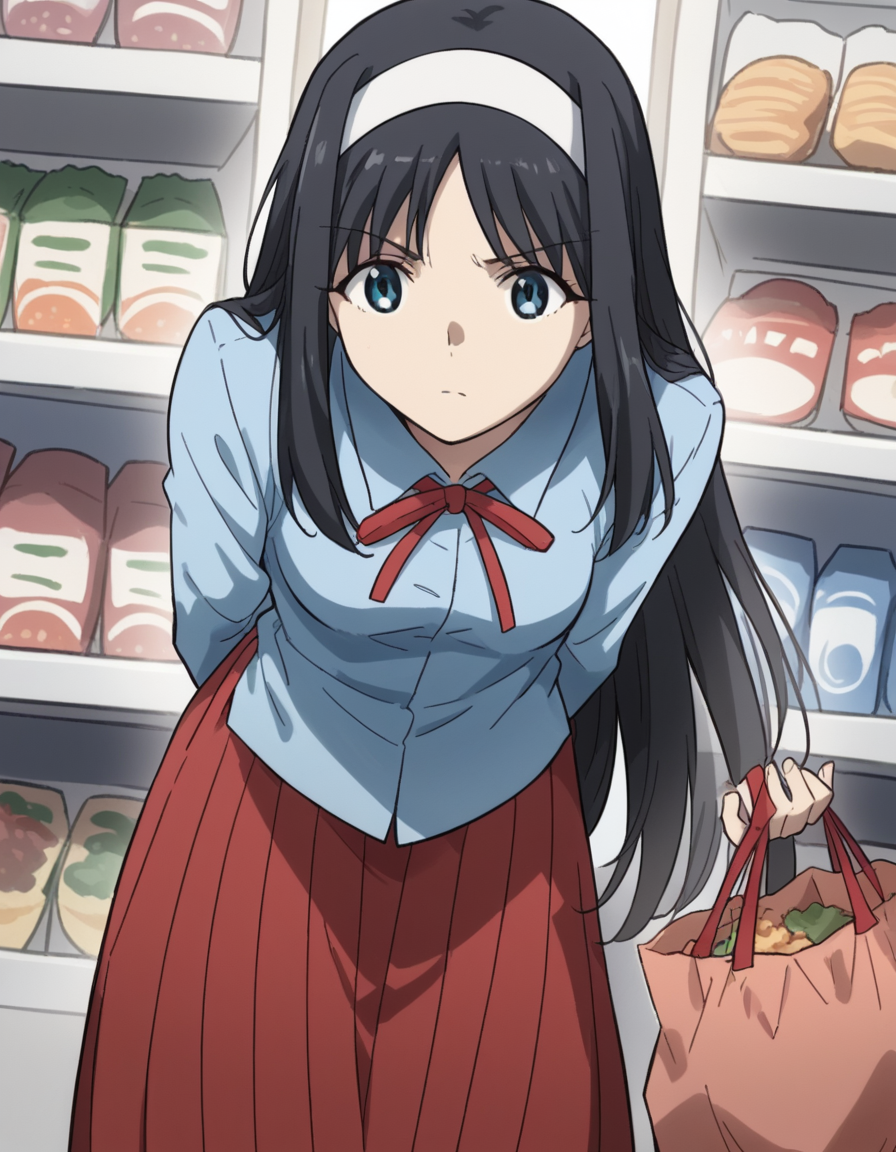 score_9, score_8_up, score_7_up, source_anime, <lora:carnivalphantasm-akiha-toono-ova-ponyxl-lora-nochekaiser:1>, akiha toono, tohno akiha, long hair, blue eyes, black hair, hairband, white hairband, medium breasts,, skirt, red skirt, long skirt, shirt, collared shirt, long sleeves, ribbon, red ribbon, blue shirt, grocery store, cashier, shopping bag, scanning items, small talk, everyday routine, , , hands behind back, bent over,, solo,, dutch angle, cowboy shot