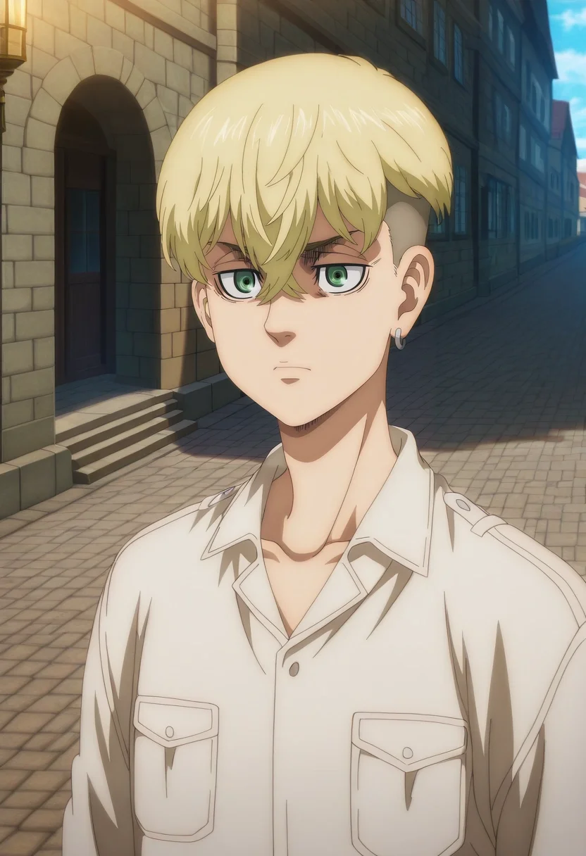 masterpiece, best quality, anime screencap, anime coloring, official style, intricate details, , 1boy, male focus, <lora:chifuyu_matsuno_ilxl:0.90>, chifuyu_matsuno, blonde hair, green eyes, short hair, hair between eyes, bangs, undercut, single earring, solo, historic square, cobblestone streets, bustling market, towering clocktower, strolling pose, nostalgic expression, golden hour, <lora:shingeki_no_kyojin_s4_style_ilxl:1>, shingeki_no_kyojin_s4_style
