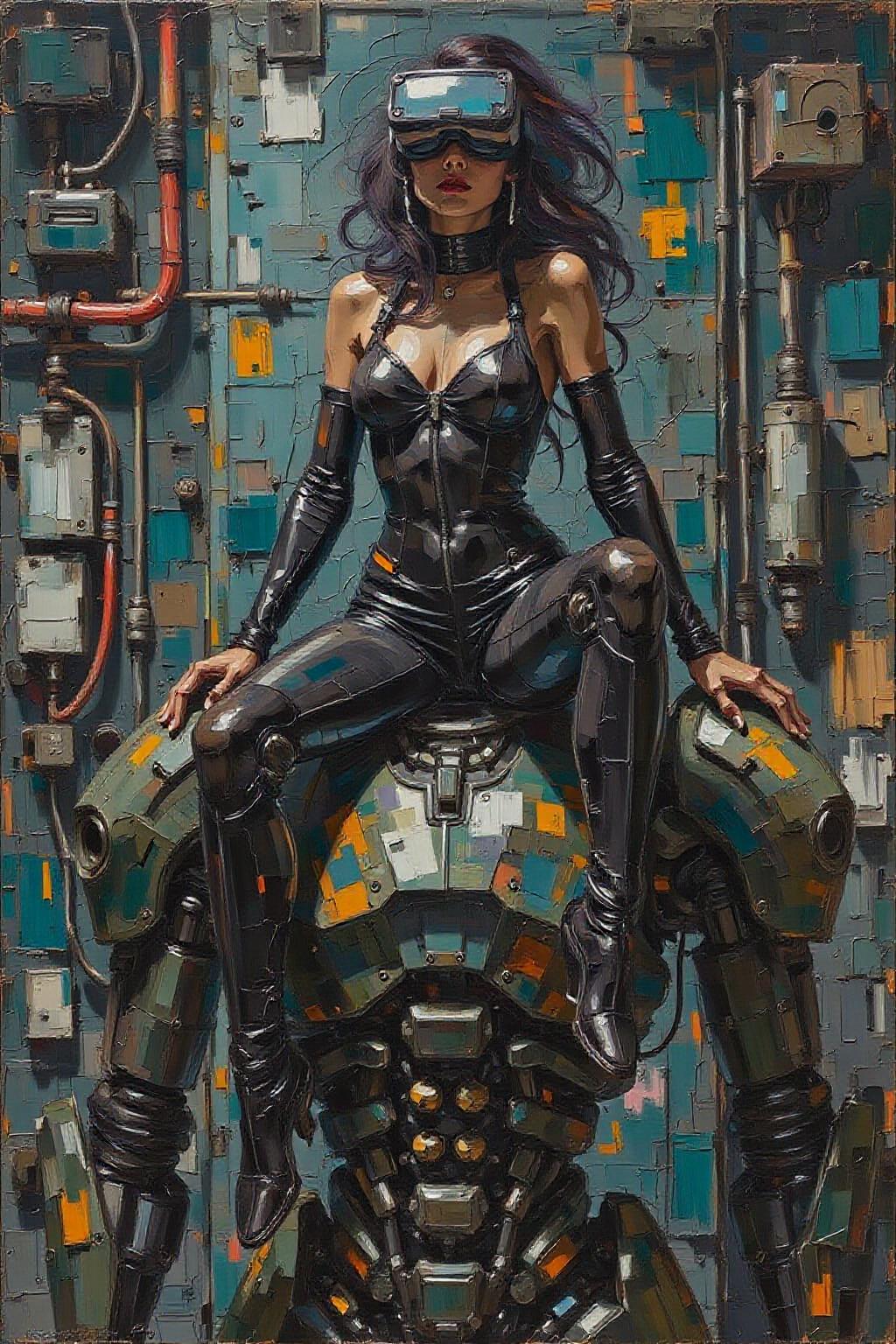 impasto oil painting. 
A striking, futuristic scene depicts a woman dressed in sleek, form-fitting leather attire, sitting confidently atop an open power suit, inspired by the cyberpunk aesthetics of Masamune Shirow. The power suit, a blend of advanced technology and military-grade armor, features intricate mechanical details, exposed wiring, and a robust, yet streamlined design. The woman, wearing a cutting-edge VR headset, exudes a sense of control and mastery over the machine beneath her. Her posture is relaxed yet commanding, with one hand resting on the suit’s metallic surface and the other casually holding a piece of advanced tech. The background is a high-tech industrial setting, with dim lighting that casts dramatic shadows, highlighting the fusion of human and machine. The overall atmosphere is one of futuristic coolness and cybernetic elegance, capturing the essence of Shirow’s iconic style <lora:impasto5_nocap_d6a3:1.0> <lora:Flux-Sch-SingleBlocks-BF16:1.0><lora:803882354696307840:0>