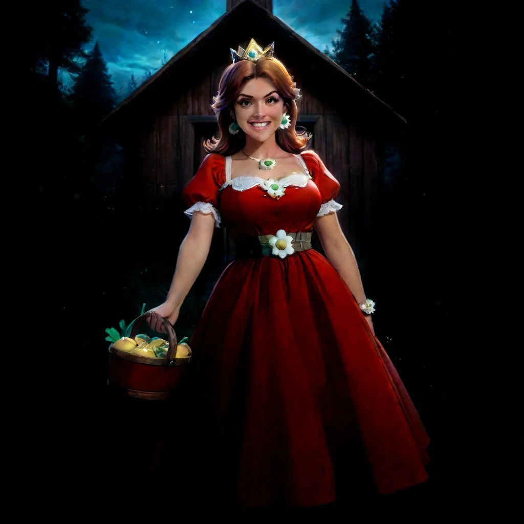 score_9,score_8_up,score_7_up,score_6_up,score_5_up,1girl, score_4_up,source_nintendo,daisy,princess_daisy,brown_hair, mario_(series),red_eyes,glowing eyes,shotgun made of clocks, long hair,slit pupils,(flower bracelets),(dark skin),curvy,frown, smile,clenching fists,tongue,grin,wide hips,thick thighs,thick legs,medium breasts,narrow waist,(tattoos:1.4),flower tattoo, forest,autumn forest,thorny vines,dirt road,wooden hut,gold shroom,yellow mushrooms,glowing mushrooms,night,stars (sparkles:1.4),sky,clouds,long skirt,yellow dress,white ribbon belt,holding umbrella,holding basket,(puffy shoulders),puffy red lips,(short sleeves),lacy skirt,very long skirt,gold earrings, hand sign,moonlight,shiny skin,dynamic pose,crystal yellow orbs,levitating yellow orbs,big mushrooms,(motion lines:1.4),(thick outlines:1.4),(trembling lines:1.4),sweat,destroyed stone bricks,jewelry,steam,steamy breath,wine bottle,salami,cheese, spoken food,(gun case),bullet belt,weapons,gold crown,tiara, masterpiece,best_quality,newest,absurdres,best shadow,light particles,highly detailed background,amazing quality,highly detailed_skin,very_detailed_clothes,power_lines,speed lines, emphasis_lines,very_aesthetic,dynamic_angle,high quality,4k, best shadows,Cheese style,dress made of cheese,<lora:add-detail-xl:1.5>