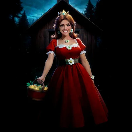 score_9,score_8_up,score_7_up,score_6_up,score_5_up,1girl, score_4_up,source_nintendo,daisy,princess_daisy,brown_hair, mario_(series),red_eyes,glowing eyes,shotgun made of clocks, long hair,slit pupils,(flower bracelets),(dark skin),curvy,frown, smile,clenching fists,tongue,grin,wide hips,thick thighs,thick legs,medium breasts,narrow waist,(tattoos:1.4),flower tattoo, forest,autumn forest,thorny vines,dirt road,wooden hut,gold shroom,yellow mushrooms,glowing mushrooms,night,stars (sparkles:1.4),sky,clouds,long skirt,yellow dress,white ribbon belt,holding umbrella,holding basket,(puffy shoulders),puffy red lips,(short sleeves),lacy skirt,very long skirt,gold earrings, hand sign,moonlight,shiny skin,dynamic pose,crystal yellow orbs,levitating yellow orbs,big mushrooms,(motion lines:1.4),(thick outlines:1.4),(trembling lines:1.4),sweat,destroyed stone bricks,jewelry,steam,steamy breath,wine bottle,salami,cheese, spoken food,(gun case),bullet belt,weapons,gold crown,tiara, masterpiece,best_quality,newest,absurdres,best shadow,light particles,highly detailed background,amazing quality,highly detailed_skin,very_detailed_clothes,power_lines,speed lines, emphasis_lines,very_aesthetic,dynamic_angle,high quality,4k, best shadows,Cheese style,dress made of cheese,<lora:add-detail-xl:1.5>
