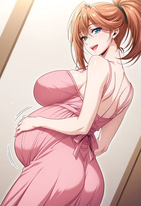 masterpiece, best quality, newest, highres, uncensored, 1girl, yokota mamoru style,motion lines,1girl,Kamiya Aoba,Asymmetrical Sidehair, blonde Hair, Ponytail, Shoulder-length Hair, Spiky Bangs, Straight Hair, V Bangs, Green Eyes,Big Breasts, Slim, Young-adult,pregnant, solo, long hair, blue eyes, smile, green eyes, looking back, hands on own stomach, dress, open mouth, heterochromia, hand on own stomach, dutch angle