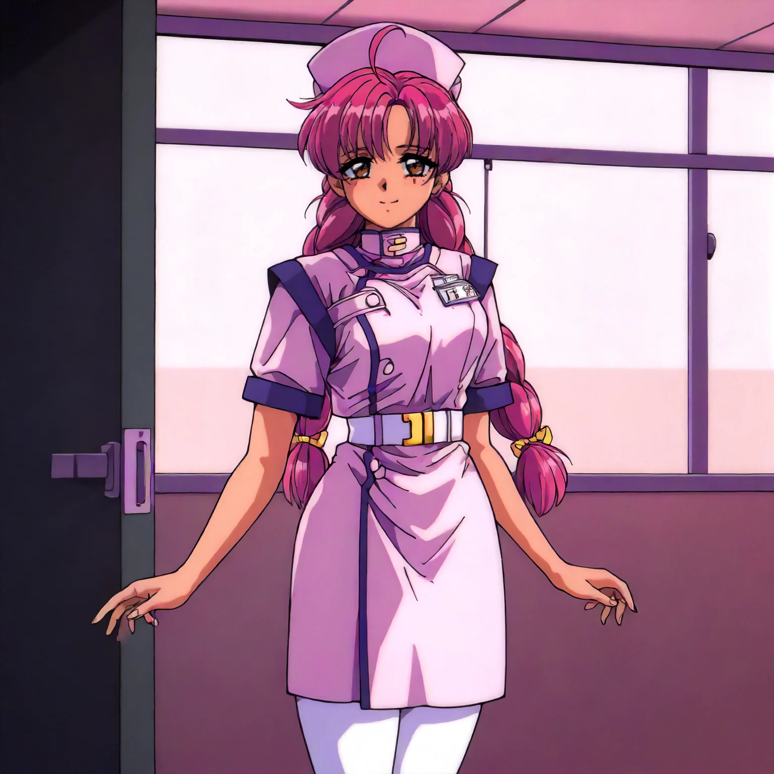 <lora:NBnH_RieMakinoXLIllustrious003>,
masterpiece,best quality,good quality,newest,
detailed background,indoors,
smile,
looking at viewer,
solo,
RieMakino,1girl,pink hair,ahoge,twin braids,long hair,brown eyes,
nurse_cap,nurse,
white belt,
skirt,
white_pantyhose,
standing,