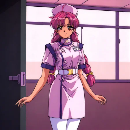 <lora:NBnH_RieMakinoXLIllustrious003>,
masterpiece,best quality,good quality,newest,
detailed background,indoors,
smile,
looking at viewer,
solo,
RieMakino,1girl,pink hair,ahoge,twin braids,long hair,brown eyes,
nurse_cap,nurse,
white belt,
skirt,
white_pantyhose,
standing,