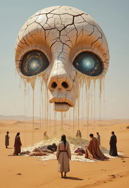 In the middle of an endless desert, a massive human face made of cracked porcelain lies half-buried in the sand. Its eyes slowly open, revealing swirling galaxies inside. Around it, faceless nomads in robes weave golden threads into a massive tapestry that hovers in mid-air, depicting moments from the future. As they work, whispers of forgotten languages fill the air, carried by an unnatural wind.
,aidmafluxpro1.1, aidmamj6.1