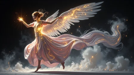 side view, French, fire theme, black-toned Social Realism photo of a heavenly mature futuristic clothed winged laughing angel dancing in a dark apocalyptic castle, intricate white and pink and gold ebru, magical, frozen, billowing dark dust, very detailed <lora:aura_v2_beta2:0.6> <lora:BioInk2FLUX:0.5>