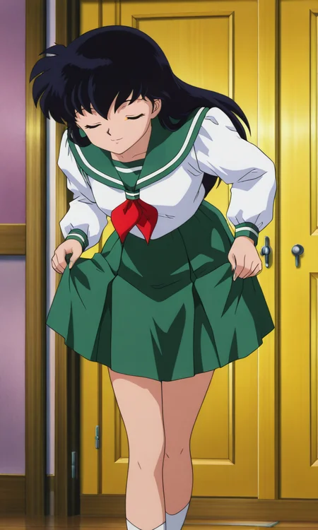 official style, anime screenshot, 1girl, solo, kagomeillustrious, long hair, black hair, closed eyes, school uniform, serafuku, green sailor collar, red neckerchief, sailor collar, neckerchief, long sleeves, green skirt, retro artstyle, skirt hold, curtsey, leaning forward, smile