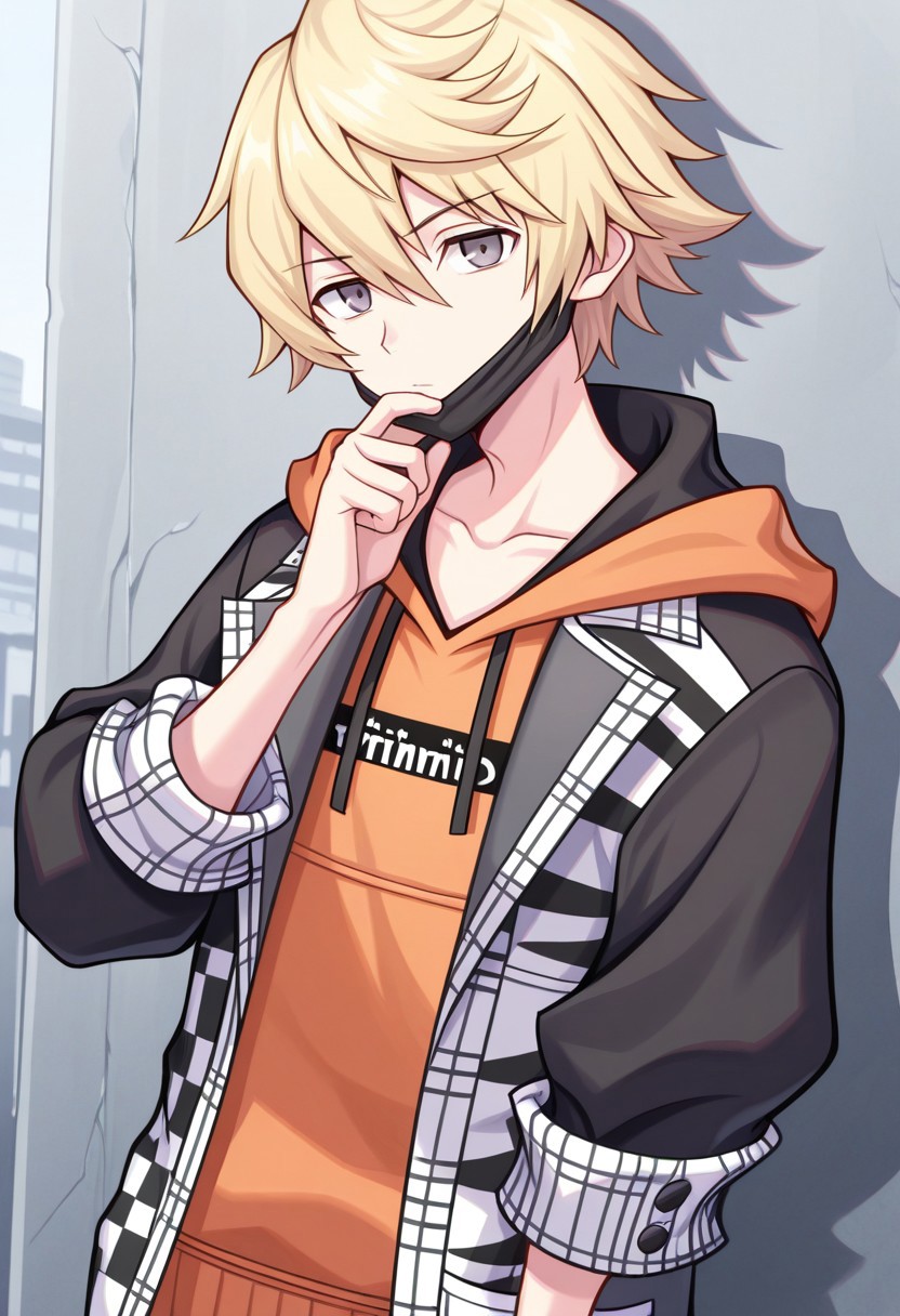 masterpiece,best quality,amazing quality, source_anime,
rindokanade, 1boy, male focus, solo, blonde hair, upper body, grey eyes, looking at viewer, thinking, hand up, hand in pocket, collarbone, mouth mask, mask pull,, hoodie, orange hoodie, coat, black and white coat, open coat, , hood
outdoor,