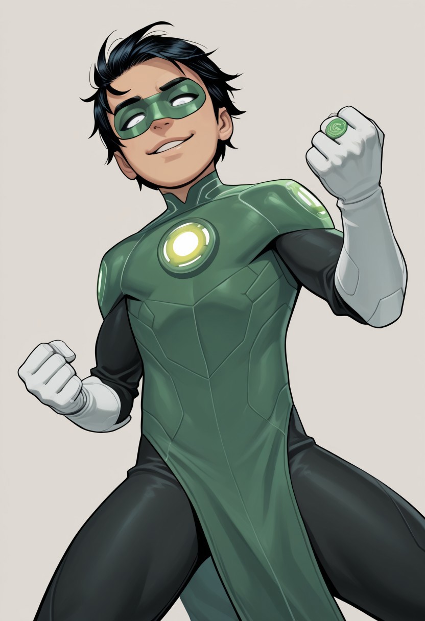 masterpiece, absurdres, high quality, perfect anatomy, 1boy, solo, cute boy, male focus, TaiPham, Black Hair, Green Lantern Ring, Green Lantern Costume, Green and Black body armor, Green Domino Mask, White Eyes, White Gloves, Pelvic Curtain, shortstack, upper body, mecha musume, dynamic, dynamic angle, ((solo)), mecha armor, looking at viewer, smug face, parted lips, dynamic pose, fighting stance, cinematic, intricately detailed illustration, depth of field, masterpiece, best quality, amazing quality, very aesthetic, absurdres, newest, very awa,  shadow, dynamic angle, casual cosplay, simple background,
