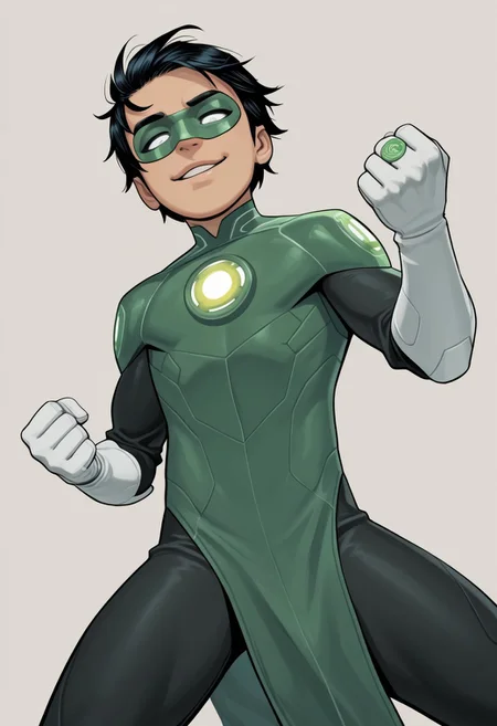 masterpiece, absurdres, high quality, perfect anatomy, 1boy, solo, cute boy, male focus, TaiPham, Black Hair, Green Lantern Ring, Green Lantern Costume, Green and Black body armor, Green Domino Mask, White Eyes, White Gloves, Pelvic Curtain, shortstack, upper body, mecha musume, dynamic, dynamic angle, ((solo)), mecha armor, looking at viewer, smug face, parted lips, dynamic pose, fighting stance, cinematic, intricately detailed illustration, depth of field, masterpiece, best quality, amazing quality, very aesthetic, absurdres, newest, very awa,  shadow, dynamic angle, casual cosplay, simple background,