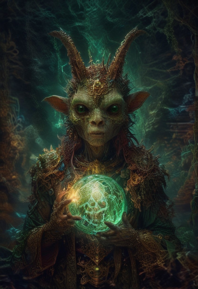 quality, intricate details, Mystical light. Fog. The feminine mage's appearance: evil and mystical, with spiky robes that seem made of green cloth with golden stitches. a ball in one hand and mysterious goat skull in another hand, Rubies, symbolizing their magical power. Glow. a dark evil gaze that hints at their ancient knowledge and mystical prowess. alchemical laboratory, blending the natural with the magical, Soft natural lighting, High Definition HD, High Detail, Perfect Composition, gothic horror
