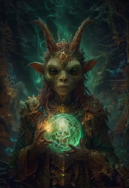 quality, intricate details, Mystical light. Fog. The feminine mage's appearance: evil and mystical, with spiky robes that seem made of green cloth with golden stitches. a ball in one hand and mysterious goat skull in another hand, Rubies, symbolizing their magical power. Glow. a dark evil gaze that hints at their ancient knowledge and mystical prowess. alchemical laboratory, blending the natural with the magical, Soft natural lighting, High Definition HD, High Detail, Perfect Composition, gothic horror