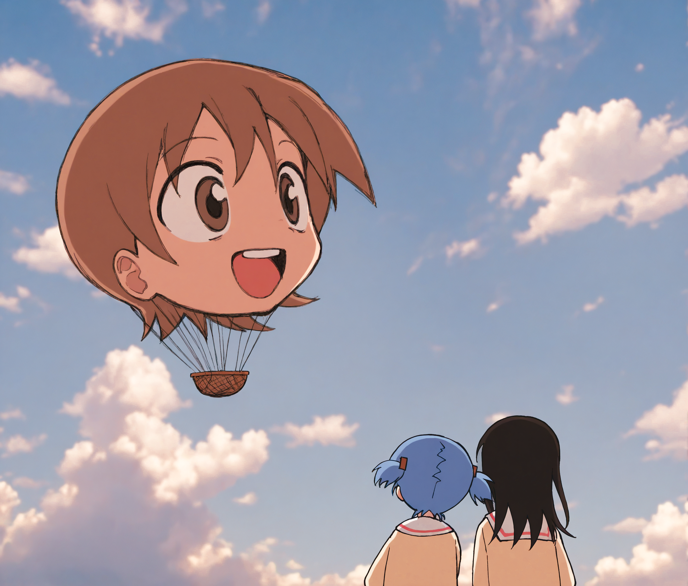 odyk, masterpiece, best quality, thick lineart, clouds, blue sky, sunny, wide shot, photo background,  wind, floating hair,   <lora:odyk:0.9>,
BREAK, 1girl, aioi yuuko, smile, open mouth, upper teeth only,  looking afar, wide-eyed, disembodied head, severed head,  floating head, aioi yuuko's head attached to a giant hot air balloon basket below her, surreal,
BREAK, 2girls, side-by-side, from behind, looking up, minakami mai, black hair, naganohara mio, blue hair, brown woodblock block hair ornament, tokisadame school uniform, upper body,<SEP>