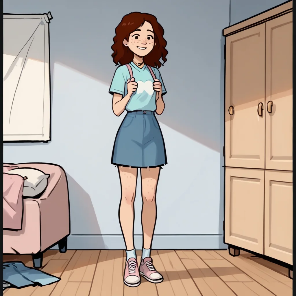 score_9, score_8_up, score_7_up, score_6_up, score_5_up,  1girl, solo, full body,
(source_cartoon),
<lora:Delilah (Storybooth):1> Delilah_Storybooth, woman, smile, skirt, standing, freckles,
indoors, black eyes,
<lora:Expressive_H:0.7> Expressiveh,
<lora:add-detail-xl:0.9>