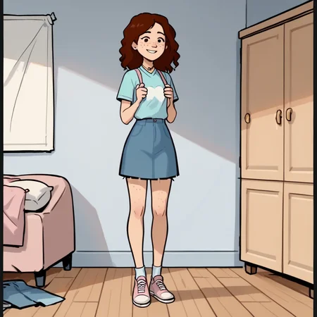 score_9, score_8_up, score_7_up, score_6_up, score_5_up,  1girl, solo, full body,
(source_cartoon),
<lora:Delilah (Storybooth):1> Delilah_Storybooth, woman, smile, skirt, standing, freckles,
indoors, black eyes,
<lora:Expressive_H:0.7> Expressiveh,
<lora:add-detail-xl:0.9>