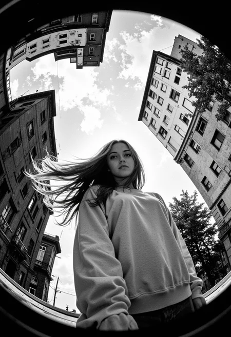 Full black and white fisheye lens shot of a person with flowing long hair. 
The person is centered in the image, positioned slightly angled and looking forward. Hair is a voluminous, light-brown/gray-toned, cascading down back and shoulders. Wearing a light-colored, possibly white, long-sleeved top. 
The background is a complex interplay of buildings, trees, and sky. Parts of buildings, featuring varying textures and architectural details, are visible in the background. A few trees and foliage are dispersed throughout the scene. The sky is visible, with scattered clouds. 
The fisheye lens effect is prominent, distorting the perspective and creating a wide-angle view that emphasizes the curvature of the image's frame. The edges of the shot are significantly darker than the center, with the darkest areas at the very periphery. The perspective is looking slightly upwards.