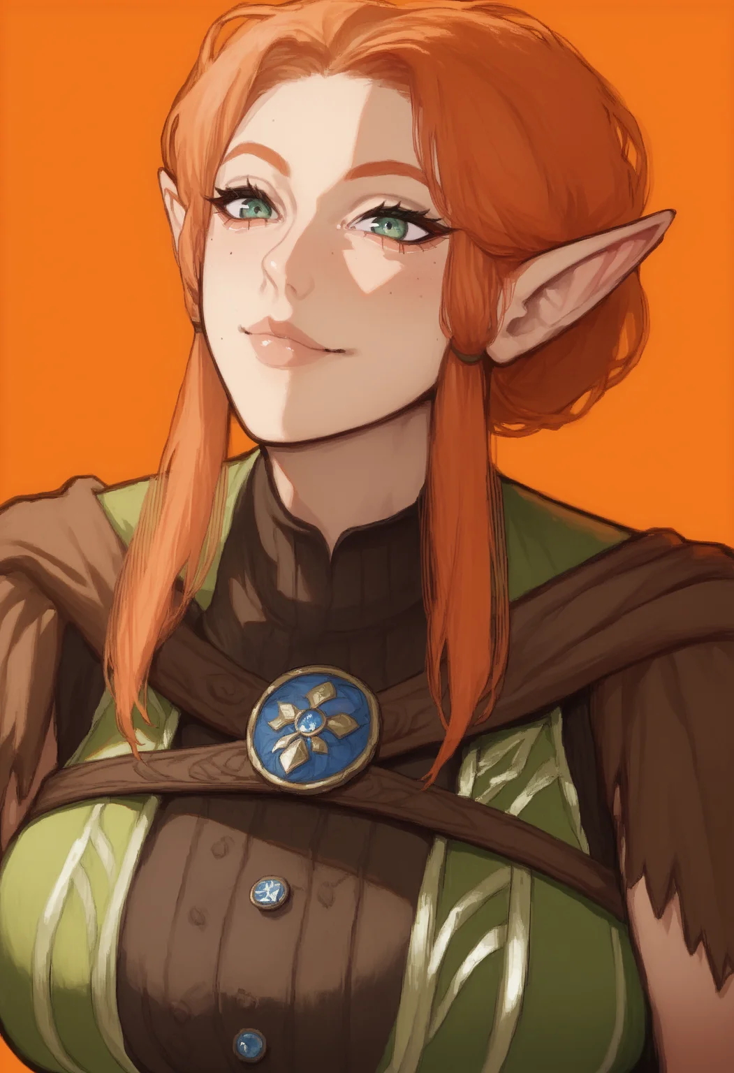 source_anime,score_9, score_8_up,score_7_up, masterpiece, 1girl,ginger, elf, updo, elf, pointy ears,
smile, seductive, colored background, orange background, (huge breasts:1.3),
Sitting, close-up,
<lora:Sailen_Style:1> <lora:Kagha_Baldurs_Gate_3:0.8>