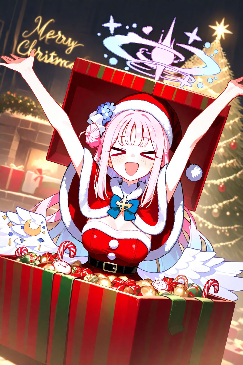 1girl,mika \(blue archive\),(santa costume:1.2),CHRC4ND7,gift box,in box,in container,red box,red ribbon,plaid box,striped box,christmas,christmas tree,merry christmas,jingle bell,open box,many candy,text,looking at viewer,dutch angle,indoors,upper body,xd,open mouth,happy,arms up,
masterpiece,best quality,newest,absurdres,highres,safe,<lora:ponyv5_noobV065S_1_adamW:0.6>,<lora:USNR STYLE_XL_loha:0.5>,<lora:illustrious_noobai_epsilon_pred_1_best_quality_v1:0.5>,<lora:Christmas_Candy:0.7>,<lora:giftbox_Illust_v1:0.8>,