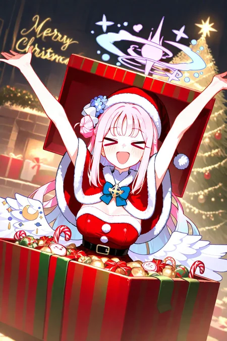 1girl,mika \(blue archive\),(santa costume:1.2),CHRC4ND7,gift box,in box,in container,red box,red ribbon,plaid box,striped box,christmas,christmas tree,merry christmas,jingle bell,open box,many candy,text,looking at viewer,dutch angle,indoors,upper body,xd,open mouth,happy,arms up,
masterpiece,best quality,newest,absurdres,highres,safe,<lora:ponyv5_noobV065S_1_adamW:0.6>,<lora:USNR STYLE_XL_loha:0.5>,<lora:illustrious_noobai_epsilon_pred_1_best_quality_v1:0.5>,<lora:Christmas_Candy:0.7>,<lora:giftbox_Illust_v1:0.8>,