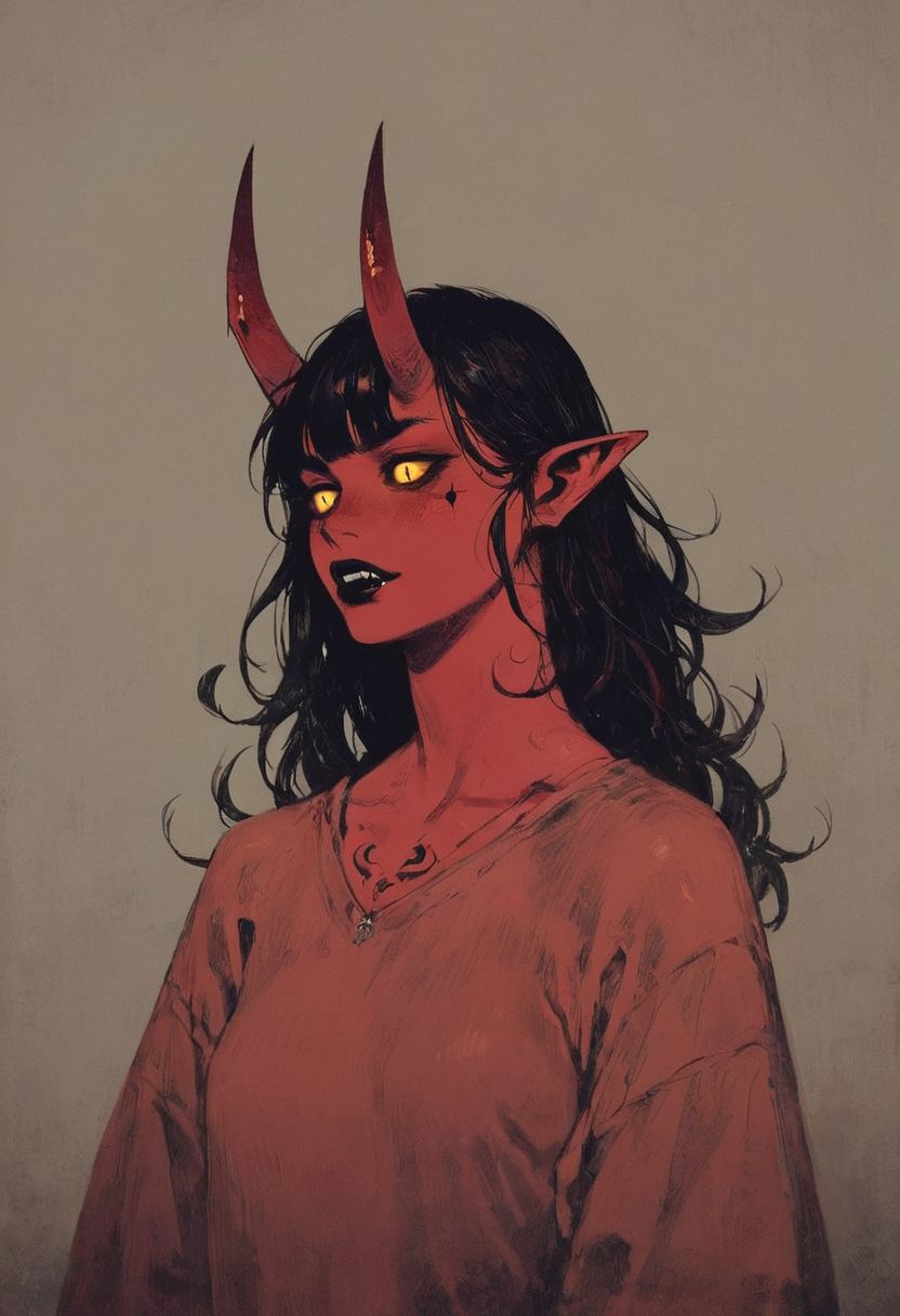 ((score_9, score_8_up, score_7_up)), 1girl, mature, red demon, red demon wings, black hair, monster girl, (demon_tail), glowing_yellow_eyes, black sclera, scaly skin, (red_skin), blank expression, small breasts, black tattoos, sharp teeth, black lips, large red horns, sharp nails, long hair, solo