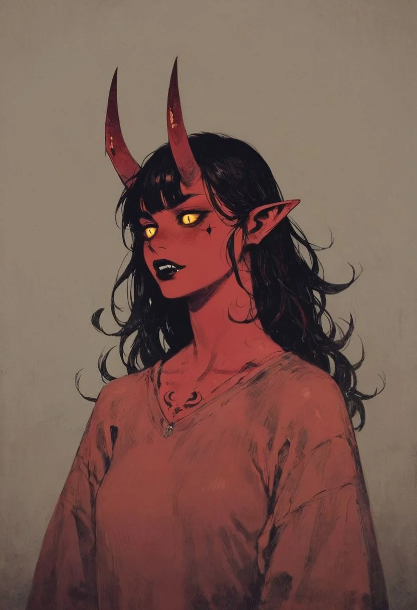 ((score_9, score_8_up, score_7_up)), 1girl, mature, red demon, red demon wings, black hair, monster girl, (demon_tail), glowing_yellow_eyes, black sclera, scaly skin, (red_skin), blank expression, small breasts, black tattoos, sharp teeth, black lips, large red horns, sharp nails, long hair, solo