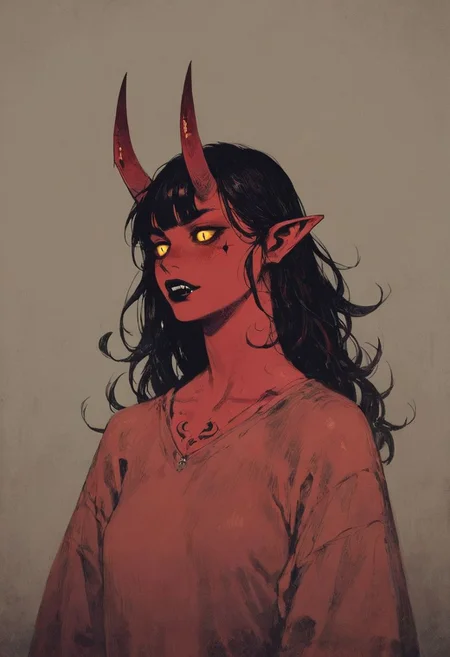 ((score_9, score_8_up, score_7_up)), 1girl, mature, red demon, red demon wings, black hair, monster girl, (demon_tail), glowing_yellow_eyes, black sclera, scaly skin, (red_skin), blank expression, small breasts, black tattoos, sharp teeth, black lips, large red horns, sharp nails, long hair, solo