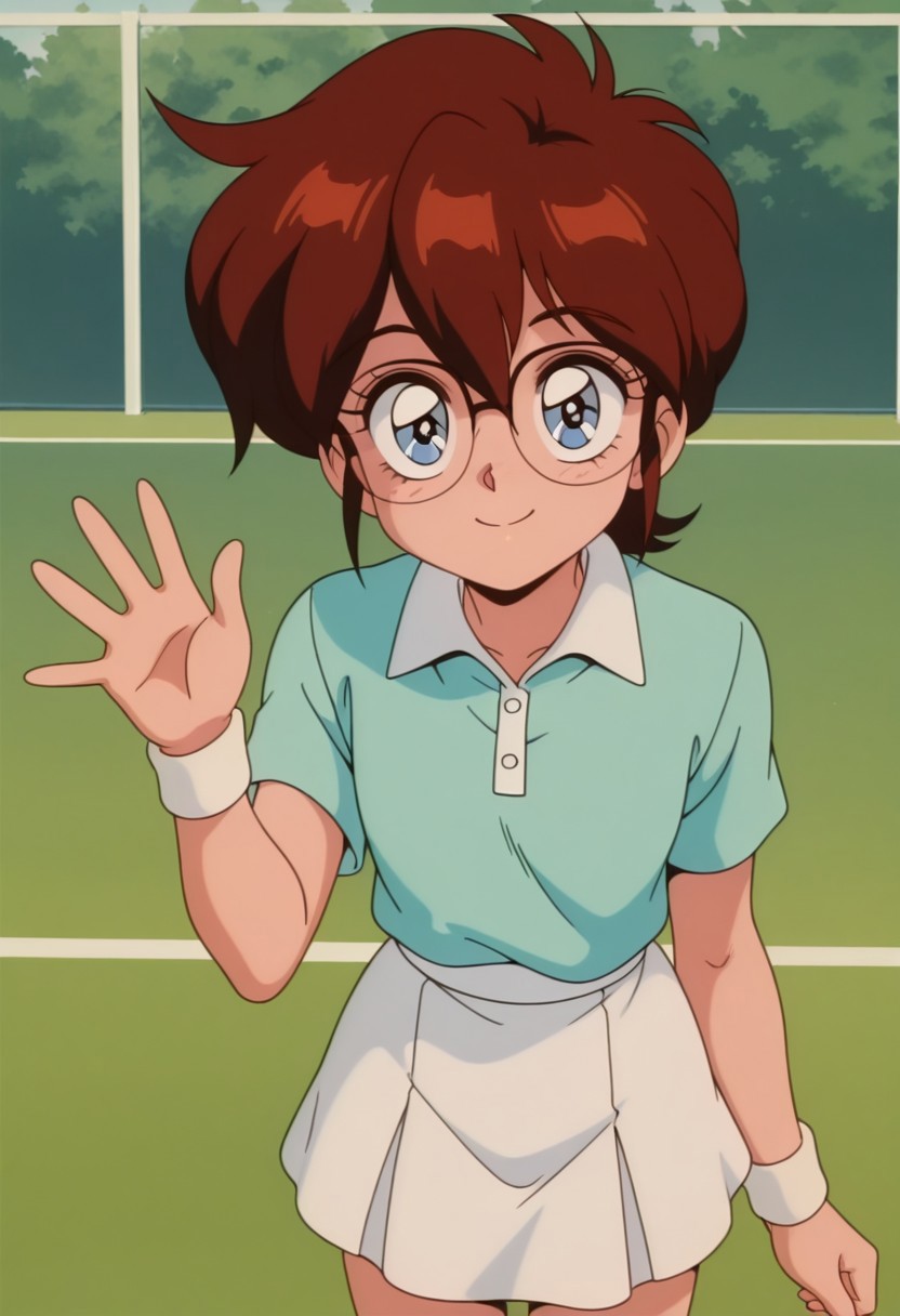 Masterpiece , best quality , amazing quality  ,  a girl , fstein ,glasses , blue eyes , tennis player , petite , blue shirt , white skirt  ,waving , smile , looking at viewer , retro artstyle