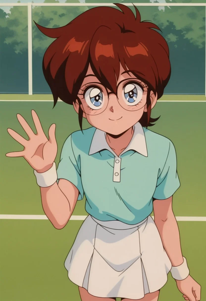 Masterpiece , best quality , amazing quality , a girl , fstein ,glasses , blue eyes , tennis player , petite , blue shirt , white skirt ,waving , smile , looking at viewer , retro artstyle