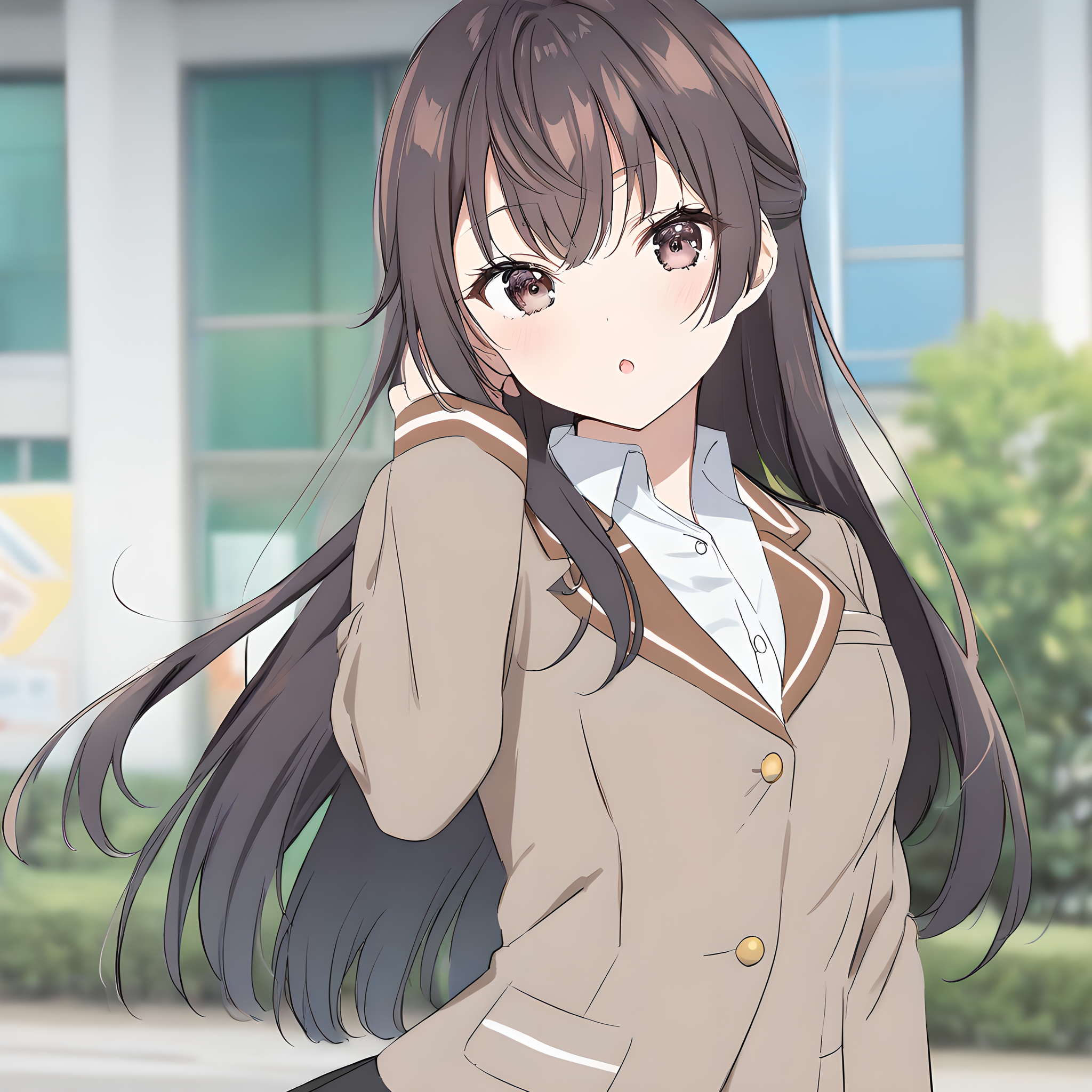 suou_yuki, brown hair, brown eyes, long hair, solo, 1girl, medium breasts, school uniform, skirt, jacket, :O, parted lips, looking at viewer, school background, <lora:XL-SuouYuki:1>