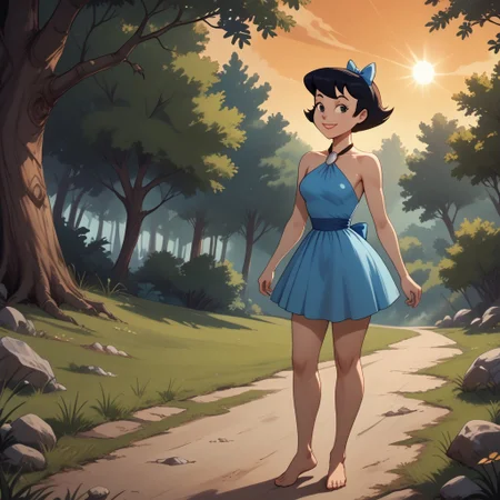 score_9, score_8, BREAK, Betty Rubble, slim body, slender, fair skin, short hair, black hair in a bob, sky-blue loincloth/halter dress connected to a white stone with black straps that tie around the back of her neck like a necklace, asymmetrical hemline, sky-blue bow in her hair, barefoot, sexy pose, self portrait, smile, outdoors, sunlight, shadows, evening lighting, natural lighting, forest, trees, grass, orange sky, sunset