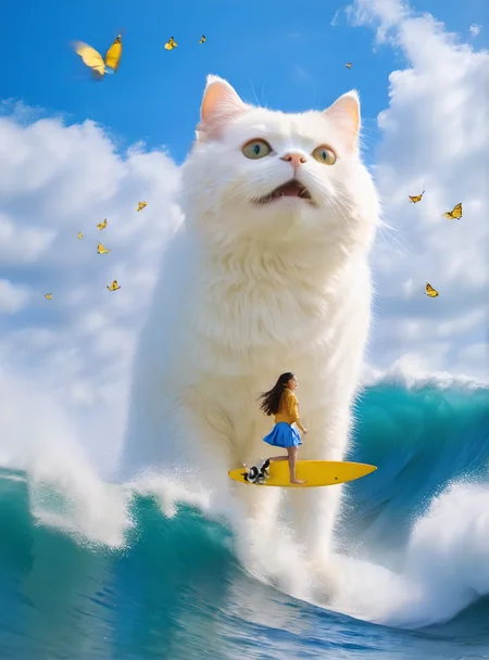 <lora:white cat è¿æV1.0-0008:1>,large white cat,a young girl,A happy black and white french bull cat surfing on a surfboard on a very high wave,, (masterpiece, best quality, highres:1.2),