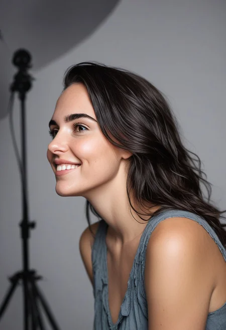 30yo american woman in a photostudio
Modeling High cut, high Quality Dress.
Slight makeup, heavy rimmel. Clear skin.  realistic skin style
Black dark Long messy stylish hair. 
Shooting light, indors, cable light
Studio background.
Smiling, with mouth closed. Smirk.
Bokeh. Heavy Bokeh light.
Tilt head, hand on hair. Shy.