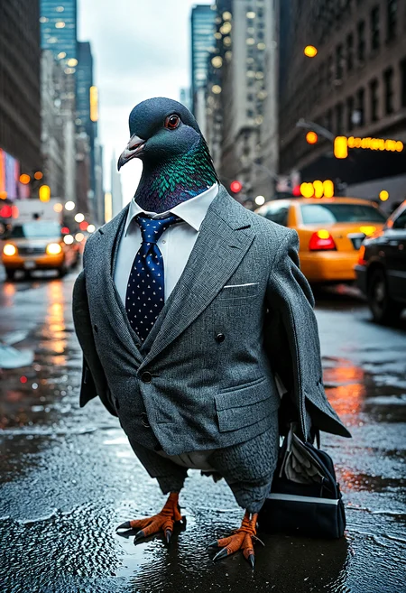 A pigeon wearing a suit in nyc, sharp image, extreme details, 8k resolution<lora:add-detail-xl:1> <lora:MJ52:0.5> <lora:sss:0.5>, Cinematic photography, movie mood, cinematic light, compelling composition, storytelling elements, conveys emotion, mood, and narrative depth, creating visually striking images that feel like still frames from a film