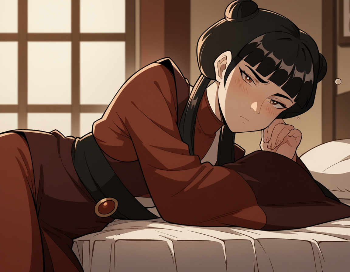 score_9, score_8_up, score_7_up, source_anime, <lora:mai-book2-ponyxl-lora-nochekaiser:1>, mai, sidelocks, long hair, black hair, lunt bangs, hair bun, double bun,, chinese clothes, turtleneck, long sleeves, wide sleeves,, indoors, bed, bed room, on side, blush, drunk, looking at viewer, solo, cowboy shot, dutch angle