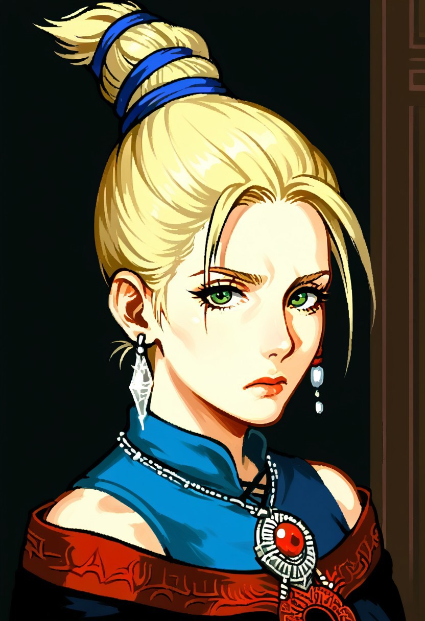 score_8, score_8_up, score_7_up, score_6_up, darksouls, illustration, 1girl, solo, female focus, tara_grimface, green eyes, blonde hair, high ponytail, short ponytail, blue hair tie, hair tie, single earring, necklace, crop top, blue crop top, sleeveless, bare shoulders, black capelet, red trim capelet, capelet, portrait, looking at viewer, frown, sad