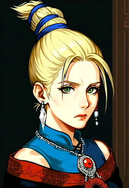 score_8, score_8_up, score_7_up, score_6_up, darksouls, illustration, 1girl, solo, female focus, tara_grimface, green eyes, blonde hair, high ponytail, short ponytail, blue hair tie, hair tie, single earring, necklace, crop top, blue crop top, sleeveless, bare shoulders, black capelet, red trim capelet, capelet, portrait, looking at viewer, frown, sad