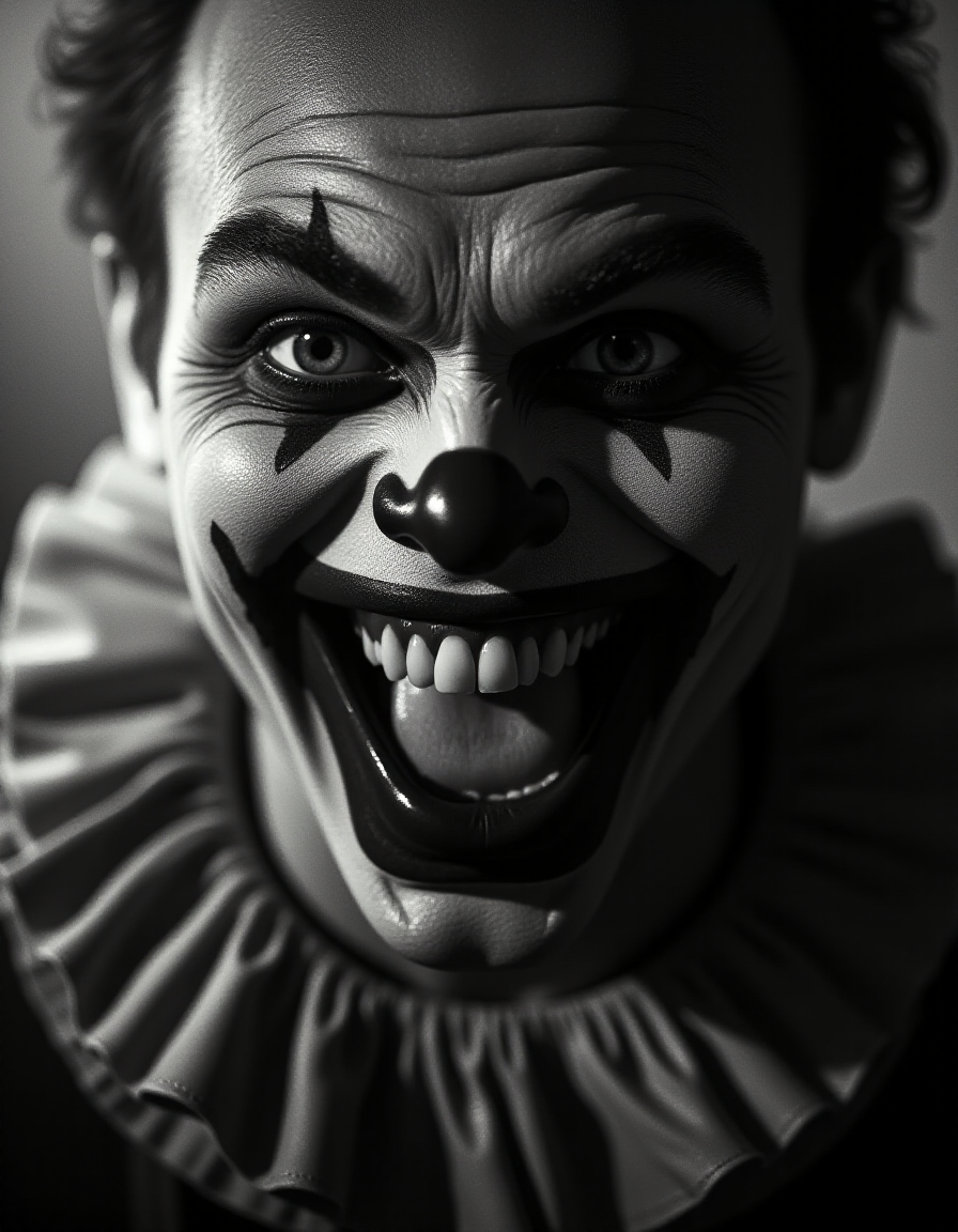 black and white image shot, a clown, closeup, evil grin face <lora:ral-ertmsphr_flux:1> ral-ertmsphr