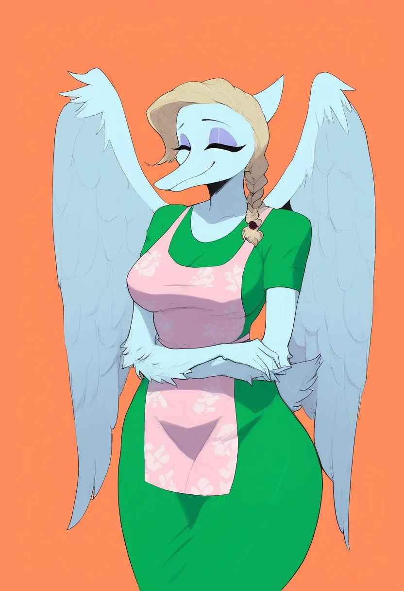 score_9, score_8_up, score_8. score_9, score_8_up, score_7_up, ,masterpiece, 4k, high quality, (best quality:1.1), 1girl, orange eyes, makeup, eyeshadow, breasts, wings, colored skin, furry, feathered wings, furry female, white wings, grey wings, snout, long snout, feathers, braid, solo, closed eyes, blonde hair, dress, feathered wings, thick thighs, large breasts, apron, white wings, smile, green dress, wide hips, closed eyes, angel wings, short sleeves, orange background