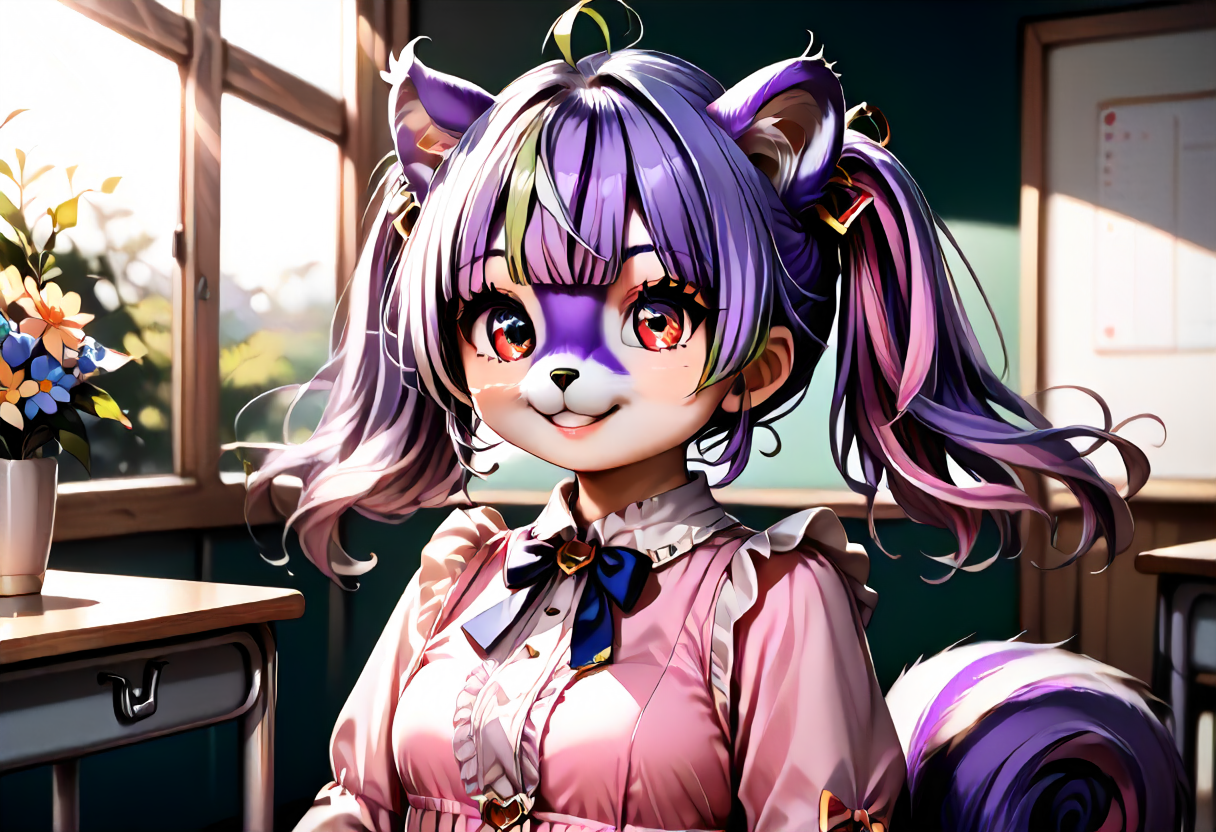 1girl,8K, best quality, best resolution,score_9,score_8_up,score_5_up,score_7_up,score_6_up,best quality,source_anime,Mauveko,pink dress,big eyes,detailed eyes,detailed face,BREAK,classroom background, pastel lighting effect,light beam,dynamic shot,
 <lora:my_OC_No.01_Mauvekoã¢ã³:1>