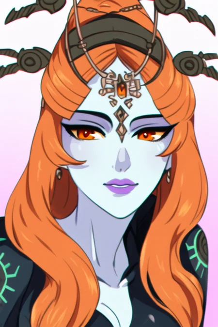 masterpiece, best quality, portrait of midna, dusk, full body, pelvic curtain, legs, slim, 1girl, breasts, colored sclera, blue skin, forehead jewel, front ponytail, grey skin, large breasts, lips, long hair, looking at viewer, midna, orange hair, solo, yellow sclera