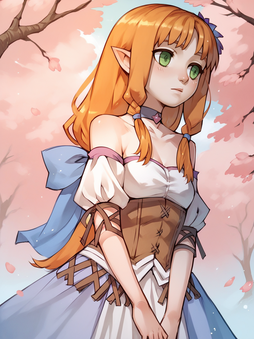 score_9, score_8_up, score_7_up, score_6_up, score_5_up,   <lora:ceciliaXLP:1> cecilia, green eyes, pointy ears, 1girl, solo, long hair, orange hair, corset, bare shoulders, choker, dress
