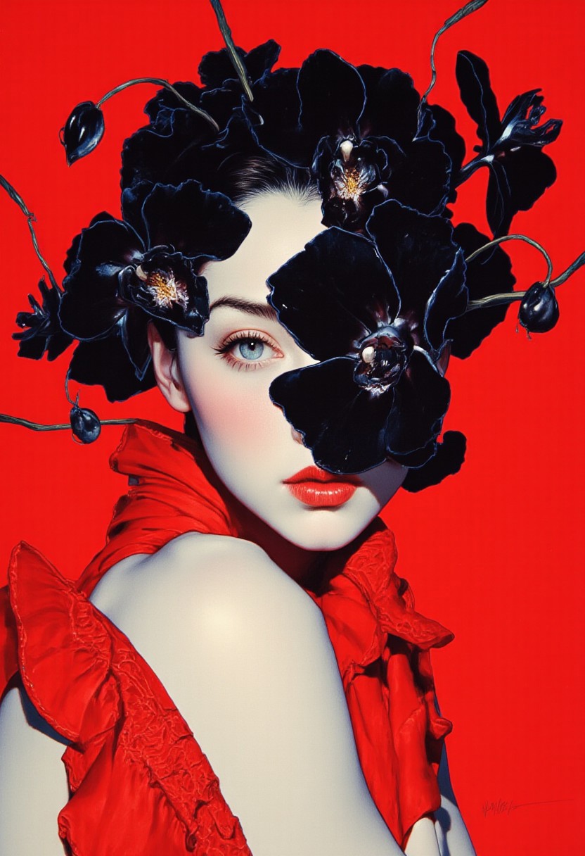 A high-resolution ArsMJStyle, colored pencil hyper-detailed realism featuring an Asian woman with an elegant, serene expression. She has smooth, fair skin and a delicate, petite build. Her dark hair is slicked back, emphasizing her refined features. A striking red scarf is tied around her neck, its rich fabric adding a bold contrast against the deep red background, creating a dramatic and visually cohesive effect. Her face is partially obscured by large, velvety black orchids, their dark petals creating an intense and surreal contrast against her pale complexion. The orchids emerge from thin, twisting stems that seem to grow from her forehead, enhancing the dreamlike, avant-garde aesthetic. Her almond-shaped eyes are slightly downcast, exuding a contemplative and mysterious aura. She wears a red sleeveless top with a textured, ruffled edge, subtly visible at the bottom of the frame. The deep red background intensifies the scene, highlighting the interplay between her attire, the inky black florals, and her porcelain-like skin. The overall composition is a fusion of high fashion and surreal beauty, seamlessly blending nature with contemporary artistry. ( By Donna Young)