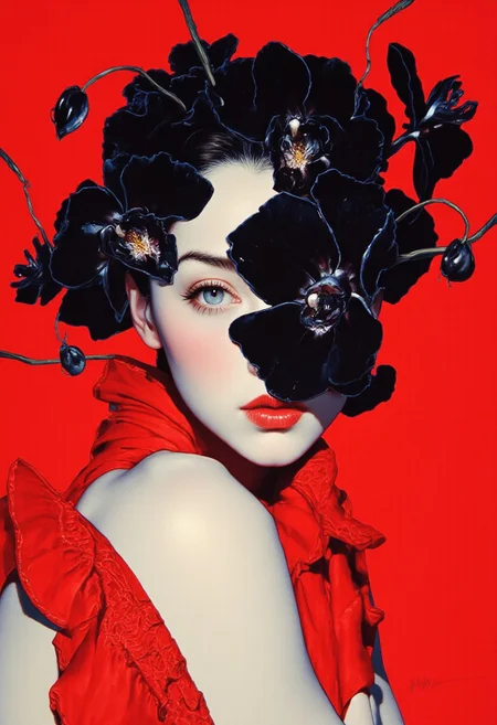 A high-resolution ArsMJStyle, colored pencil hyper-detailed realism featuring an Asian woman with an elegant, serene expression. She has smooth, fair skin and a delicate, petite build. Her dark hair is slicked back, emphasizing her refined features. A striking red scarf is tied around her neck, its rich fabric adding a bold contrast against the deep red background, creating a dramatic and visually cohesive effect. Her face is partially obscured by large, velvety black orchids, their dark petals creating an intense and surreal contrast against her pale complexion. The orchids emerge from thin, twisting stems that seem to grow from her forehead, enhancing the dreamlike, avant-garde aesthetic. Her almond-shaped eyes are slightly downcast, exuding a contemplative and mysterious aura. She wears a red sleeveless top with a textured, ruffled edge, subtly visible at the bottom of the frame. The deep red background intensifies the scene, highlighting the interplay between her attire, the inky black florals, and her porcelain-like skin. The overall composition is a fusion of high fashion and surreal beauty, seamlessly blending nature with contemporary artistry. ( By Donna Young)