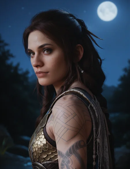 beautiful woman, sleeveless armor, scales, night, high contrast, metalic, tattoos, side view, looking at the viewer <lora:FreyaGOW:0.7> gow_freya, score_9, score_8_up, score_7_up, score_6_up