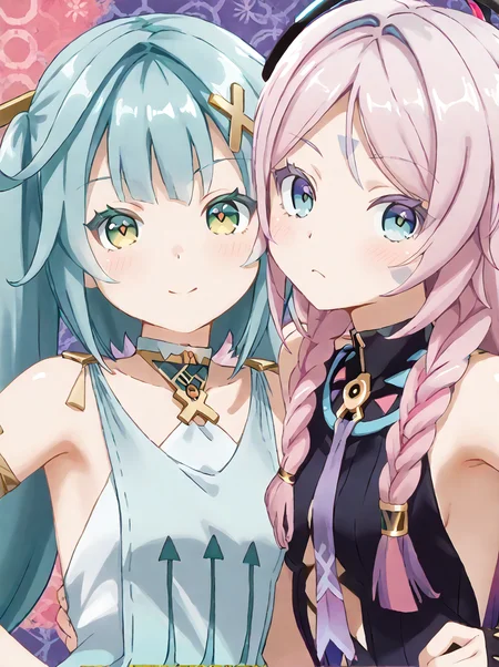 detailed background, shiny skin, rating safe,
<lora:cifalu.pony:1>,
citlali, faruzan, 2girls, ,
<lora:kanzaki.pony:1> kanzaki