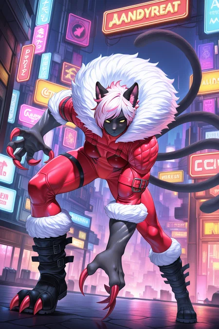 masterpiece, best quality, amazing quality, absurdres, yaanablackcat, black skin, black fur, furry female, yellow eyes, cat girl, cat mouth, snout, anthro, cat paws, cat ears, multiple tails, red claws, long claws, red bodysuit, muscular, thick arms, thick legs, black boots, solo, smile, serious, fighting stance, medium breasts, outdoors, science fiction, neon lights, cityscape, skyscrapers