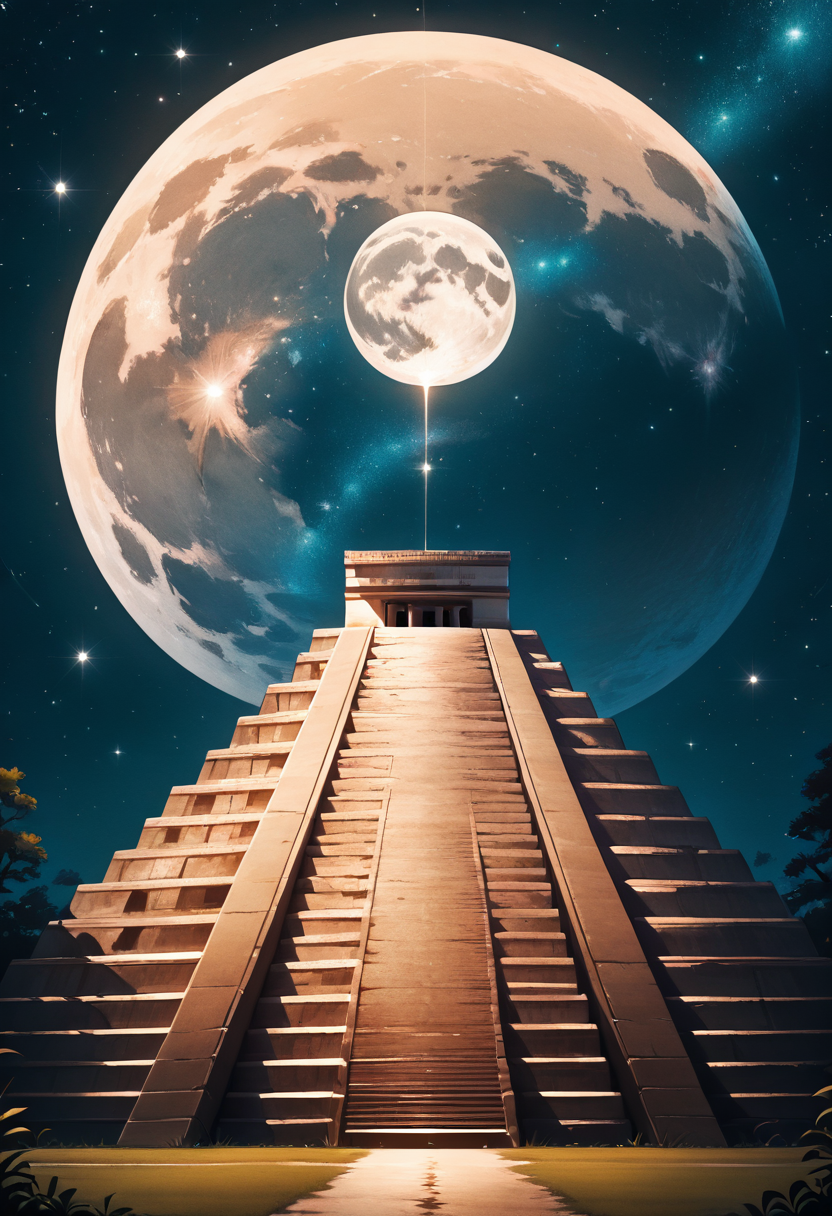 masterpiece, best quality, no humans,   Ch1chen, no humans, night, moon, star (sky), night sky, full moon, starry sky, ,<lora:ChichenItza_IXL_v1:1.0>,