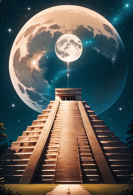 masterpiece, best quality, no humans, Ch1chen, no humans, night, moon, star (sky), night sky, full moon, starry sky, ,<lora:ChichenItza_IXL_v1:1.0>,