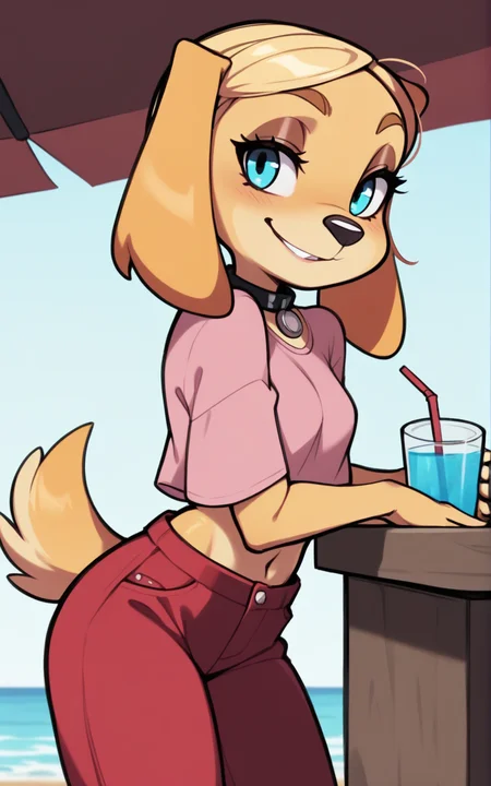best quality, absurdres,<lora:BolivanteStyleITS:0.8>, <lora:BHITS:0.8>, BHITS, red pants, pants, midriff, pink crop top, crop top, collar, furry, furry female, shirt, tail, animal ears, dog tail, dog ears, blonde hair, animal nose,blue eyes, solo, slim, standing, furry, female furry, smile, looking at viewer,leaning on a table, beach bar, holding drink,smile,smug